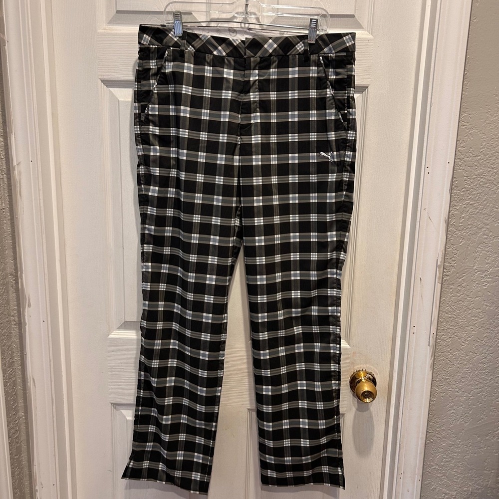 Puma Drycell Mens Plaid Tech Performance Golf‎ Pants Size 34x32 Black White Blue